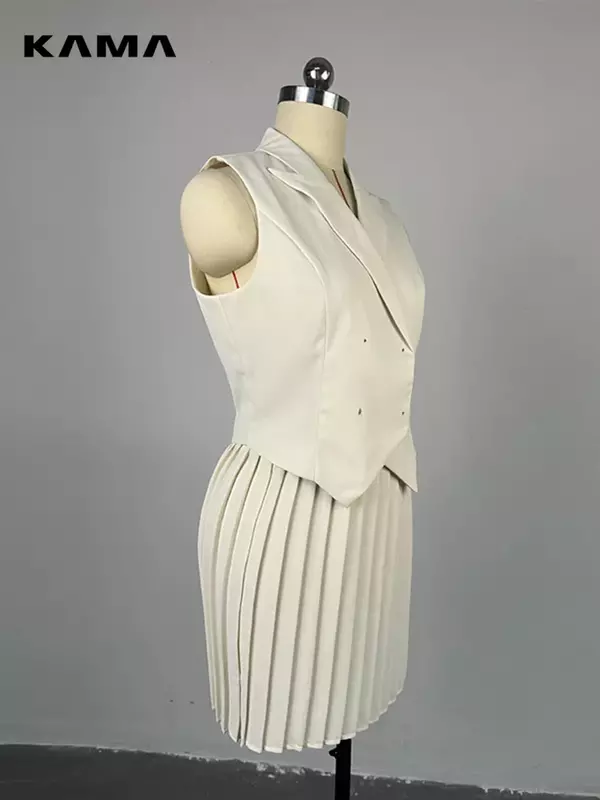 Chaleco elegante con falda para mujer, traje con cuello en V, doble botonadura, chalecos irregulares, faldas plisadas, traje de verano 2024