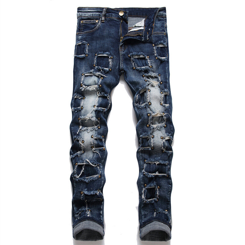 Jeans jeans skinny masculino, calça rasgada, moda streetwear, buraco lavado, fino, estilo punk, elástico, remendo de rebite, hip hop, quente