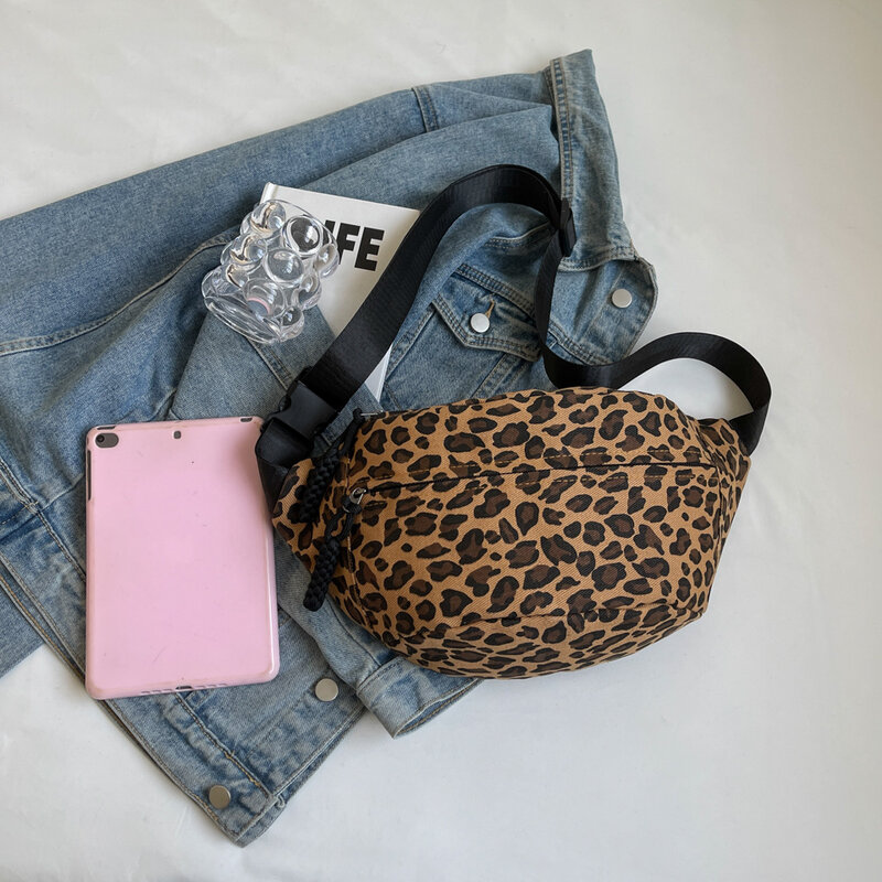 Leopard Print Chest Bag for Women Trend 2024 Sling Cross Bags for Ladies Canvas Belt Banana Purses Female Large Size Handbags