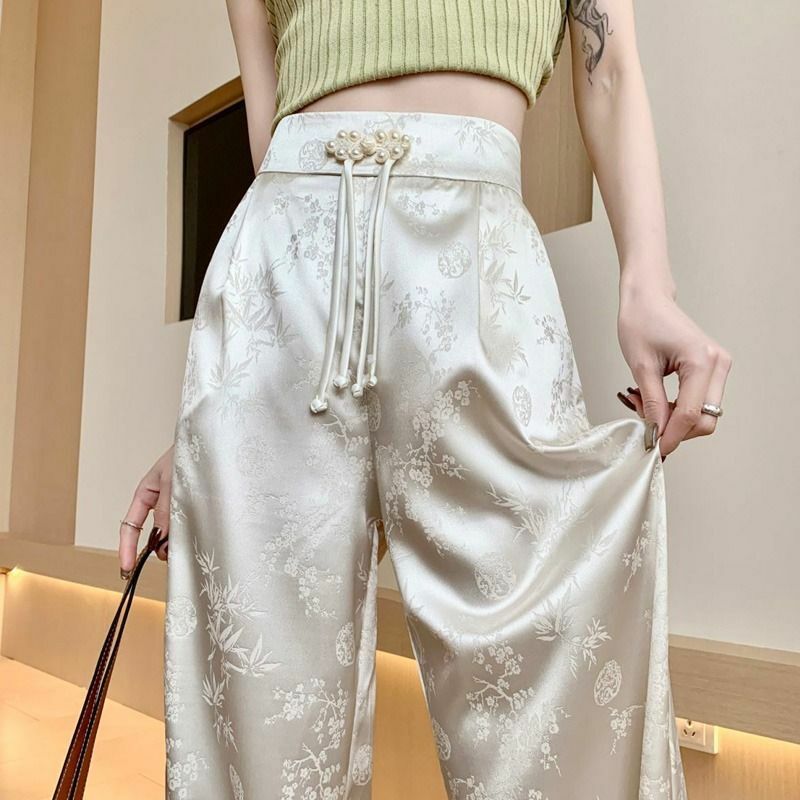 Flower Pants Lace Up Cool Pants Korean Style Y2k Pants New Satin Straight Pants Women Summer Thin Ice Silk