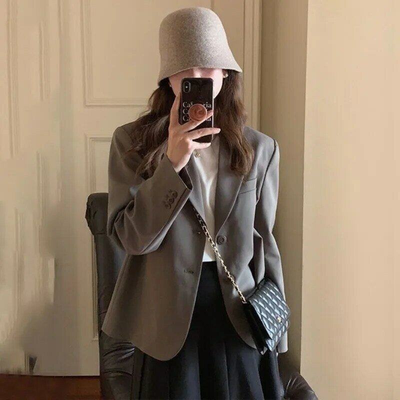 Blazers Women Solid Chic All-match Spring Autumn Coats Leisure Long Sleeve Streetwear Korean Style Daily Female Loose Popular