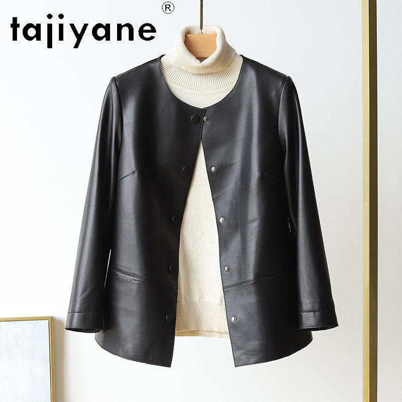 Tajiyane-jaqueta de couro genuína feminina, casaco chique, gola redonda, pele de carneiro 100% real, moda solta, nova moda, primavera e outono, 2024