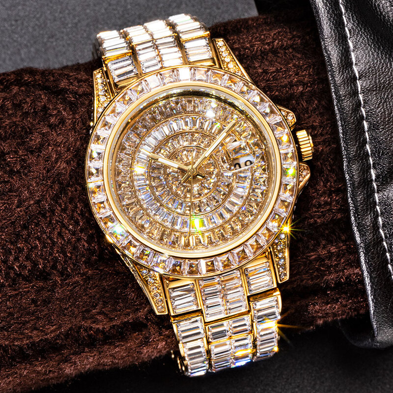 W pełni bagietka diamentowy zegarek dla mężczyzn Top luksusowy złoty automatyczny zegarek kwarcowy ze stali nierdzewnej Hip Hop Ice Out męski zegar