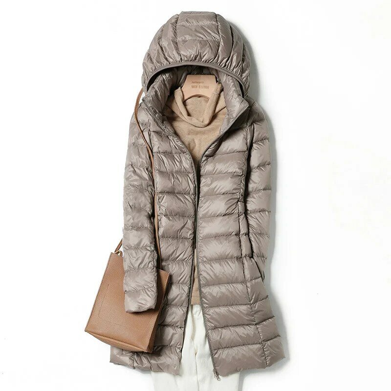 Jaqueta casual leve com capuz feminina, Parka empacotável com bolsa de armazenamento, casacos de comprimento médio, cor sólida