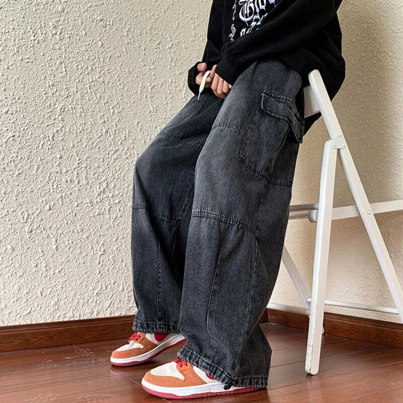 Jeans reto estilo coreano para homens, jeans vintage, calça larga, macacão de bolso grande, streetwear punk, hiphop, Y2k, venda quente
