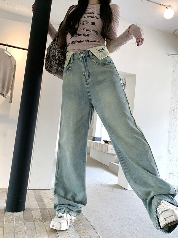 Slergiri Streetwear Vintage manset longgar Jeans untuk wanita 2024 mode Amerika Y2k celana panjang kaki lebar kasual longgar pinggang tinggi