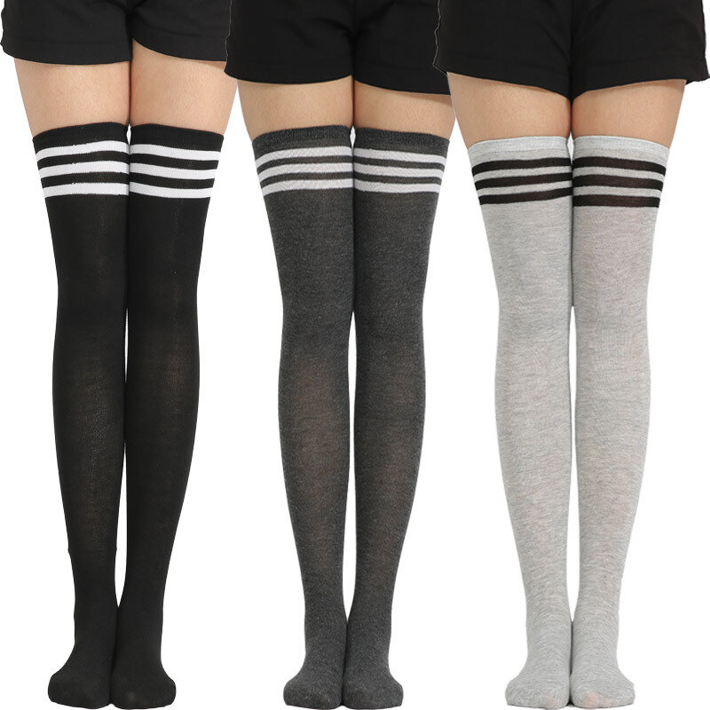 Meias longas listradas para mulheres, sobre o joelho, meias altas de coxa, meias de senhoras, meninas meias longas quentes, preto e branco