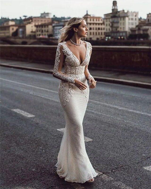 Luxo com decote em v apliques sereia vestidos de casamento elegante manga longa vestido de noiva sem costas robe de mariee