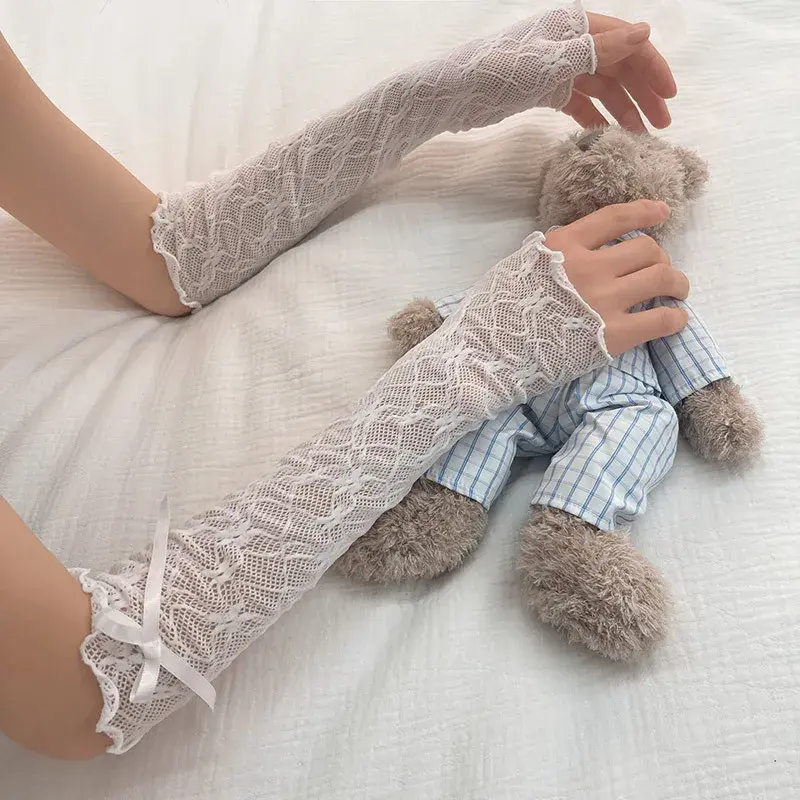 Кружевные перчатки с оборками Y2k, Искусственные женские сетчатые перчатки в стиле «лолита» с бантом, черные и белые перчатки с защитой от ультрафиолета
