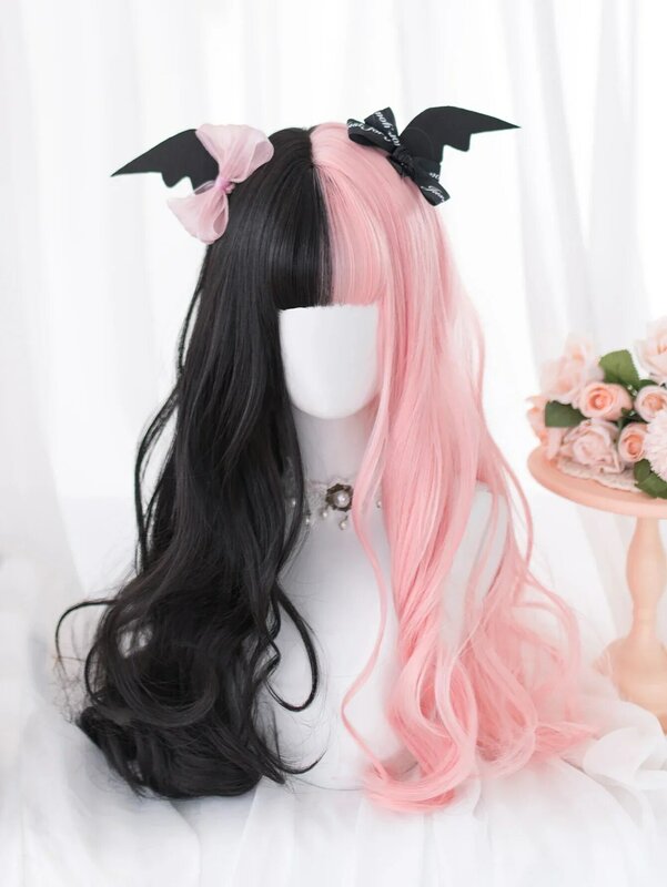 Wig sintetik warna hitam dan merah muda 26 inci dengan Wig rambut bergelombang alami panjang untuk wanita penggunaan sehari-hari Cosplay pesta tahan panas
