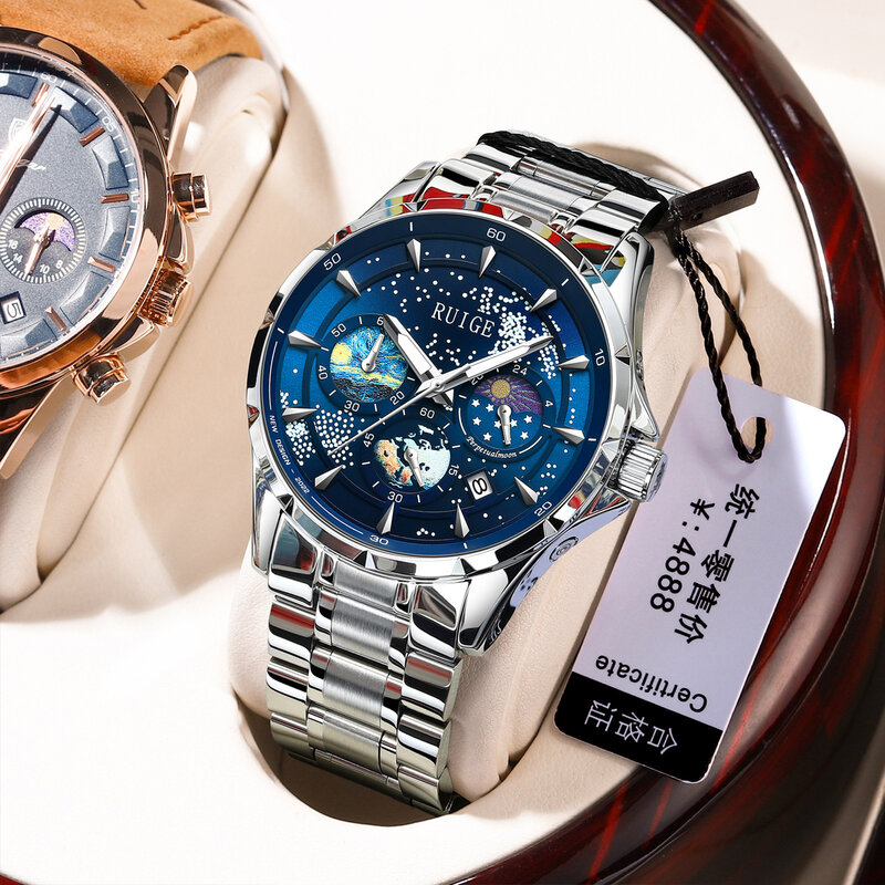 Swiss brand RUIGE watch, starry sea ultra-thin fashion trend men's watch, luminous waterproof casual men's watch