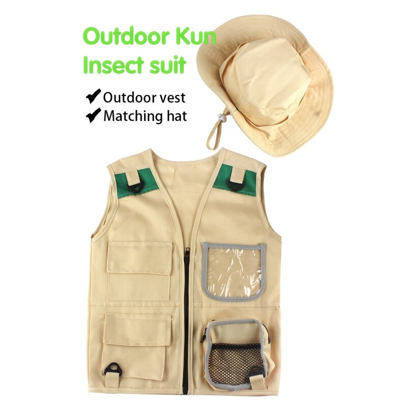 Outdoor Adventure Kit,Young Kid's Khaki Cargo Vest And Hat Comfortable And Durable Explorer Costume Role Play Toy