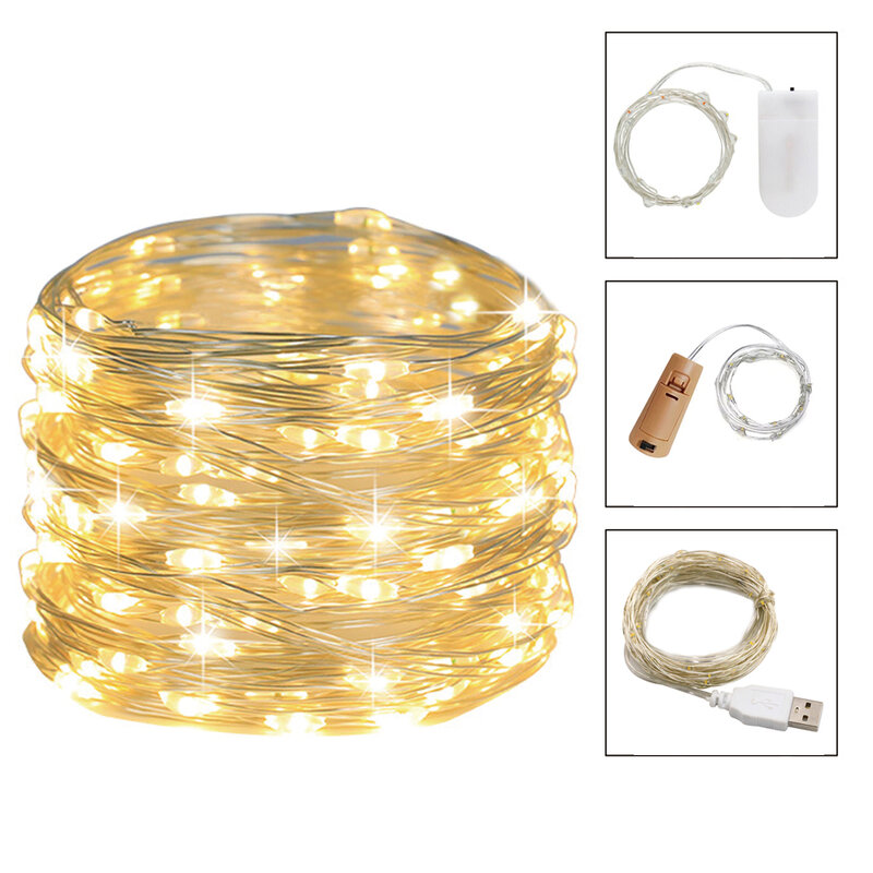 Guirnalda de luces Led de alambre de cobre, 1M, 3M, 5M, lámpara de vacaciones, alimentada por USB/batería, decoración de Navidad y boda