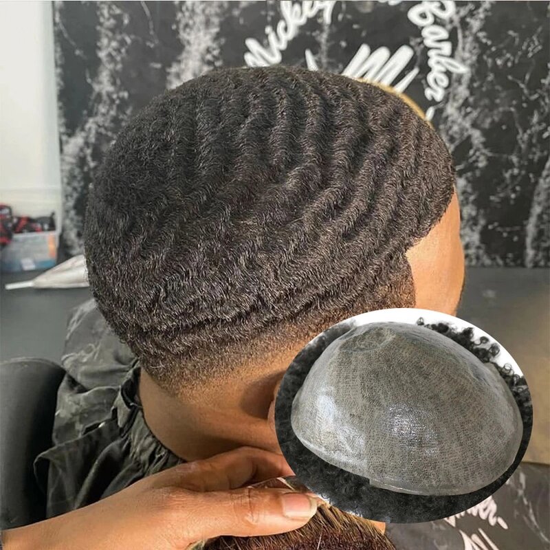 Peluquín Afro de 360 ondas, 6mm, 8mm, 10mm, tupé de cabello humano para cabello de piel de polietileno negro duradero, sistema de reemplazo de prótesis capilar
