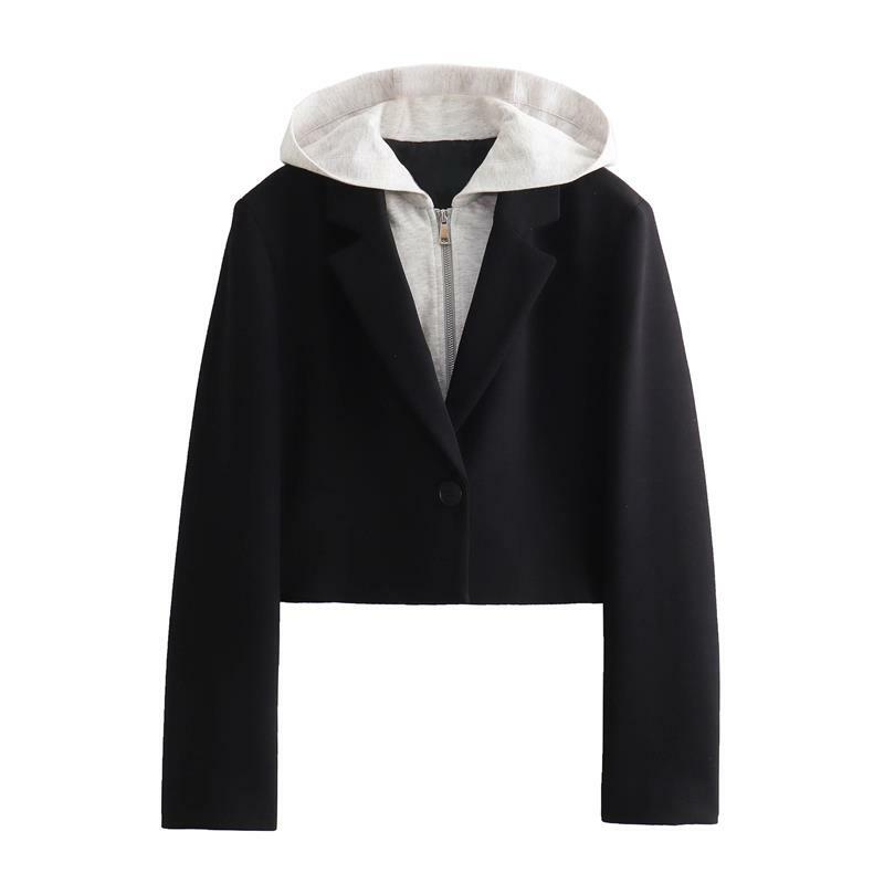 Blazer bertudung Musim Semi wanita, jaket setelan baru modis mantel pendek ramping elegan untuk wanita, jaket hangat jalanan 2024