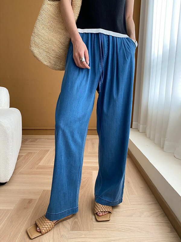[Lanmrem] Kordel zug Design elastische Jeans mit hoher Taille Frauen gerade weites Bein Hosen Büro Dame Hose 2024 Sommer neu 26 d9236