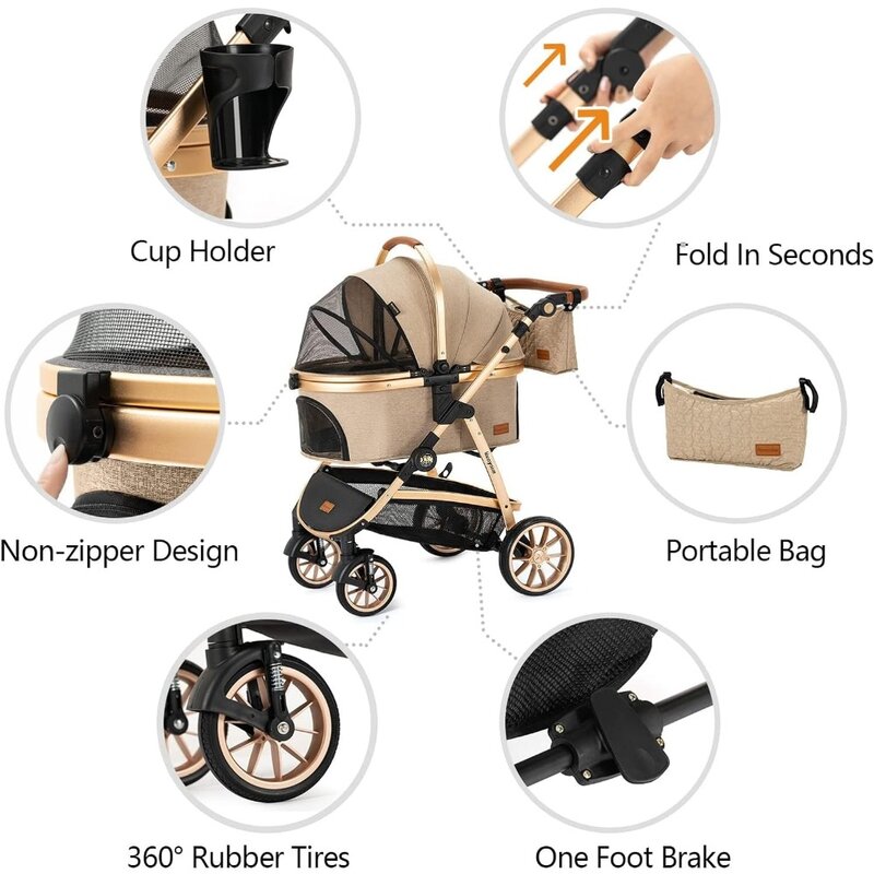 Dog Pet Stroller 3 in 1 for Medium Small Size Dogs Luxury Large Cat Stroller Detachable Carrier for Puppy Kitty Doggie Car Home