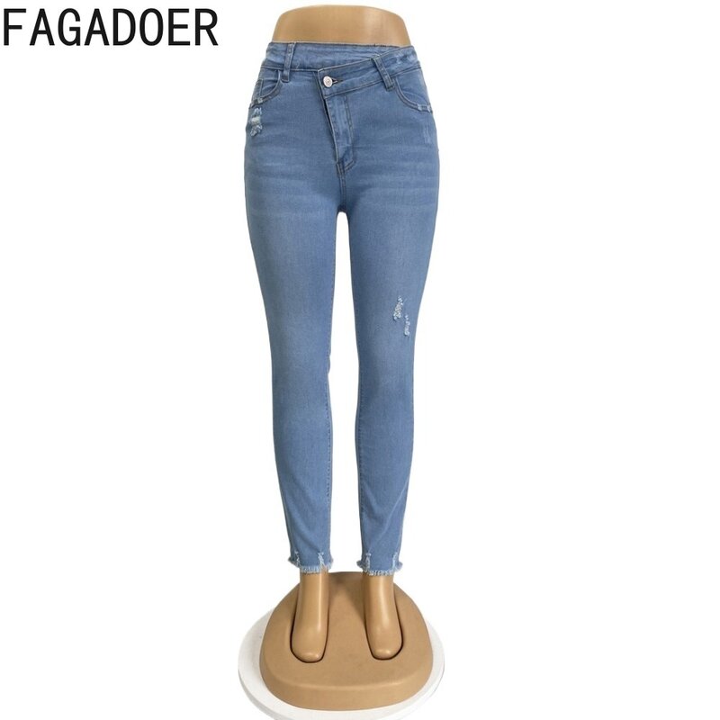FAGADOER-pantalones vaqueros elásticos para mujer, Pantalón pitillo de cintura alta con bolsillo y botones, color azul, a la moda
