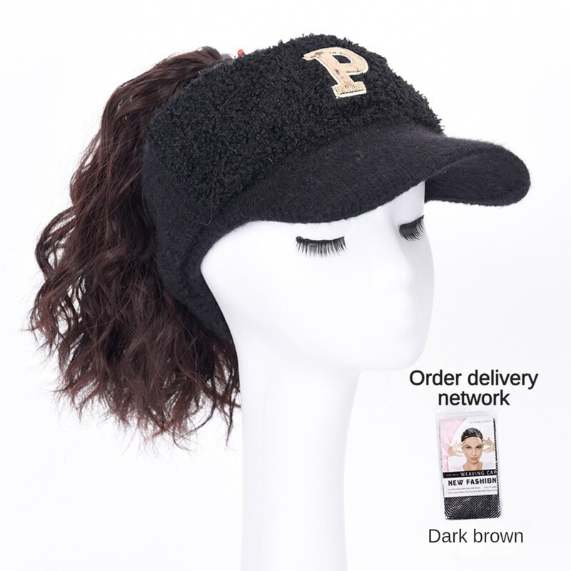 Hat pony tail wig all-in-one fashion autumn and winter thickened hollow top hat female curly hair duck tongue baseball cap