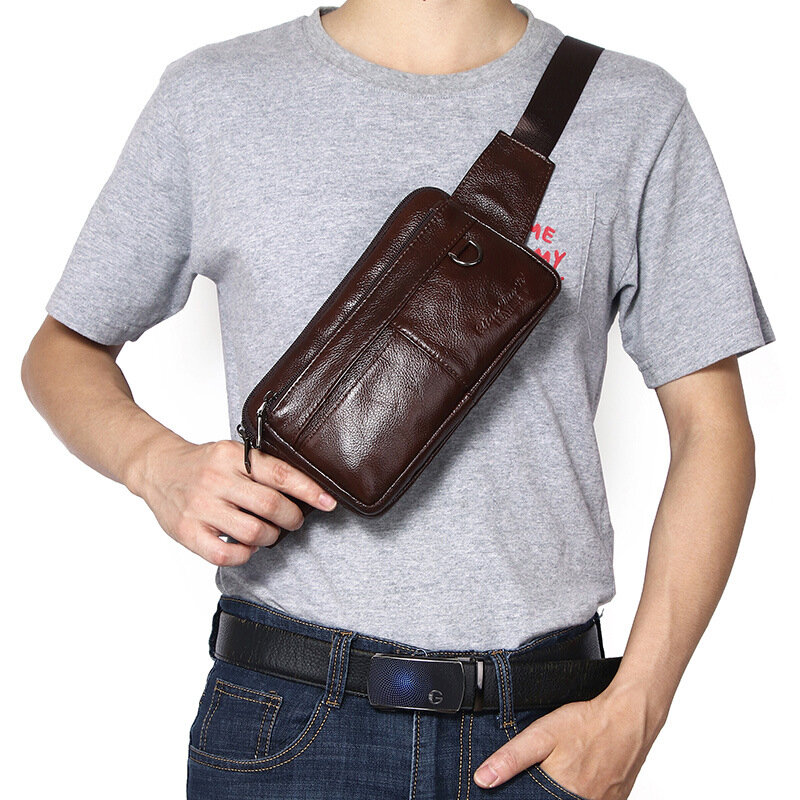 Sac de ceinture de luxe en cuir véritable pour hommes, sac de taille multifonctionnel pour téléphone portable, sac de poitrine décontracté ultra-mince