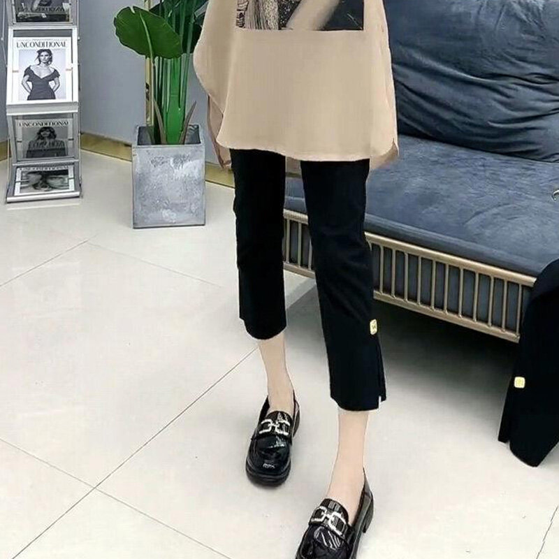 Black Elastic Business Casual Trousers Summer Fashion High Waist Straight Ladies Solid Color Women's Clothing Calf-Length Pants