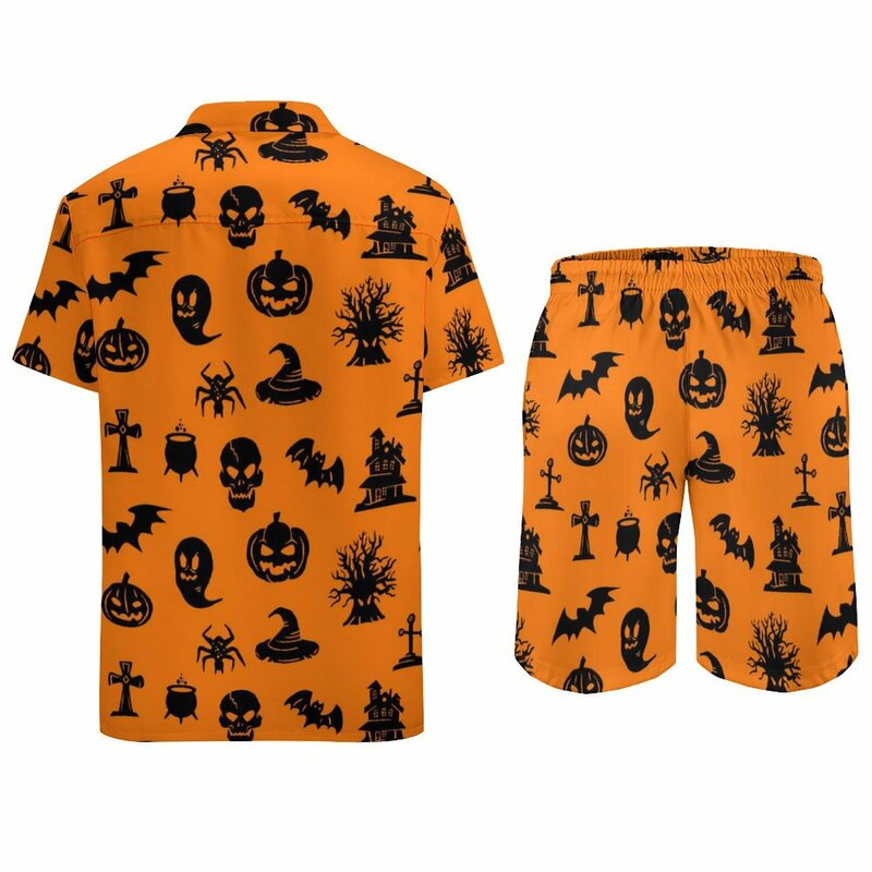 Happy Spookts Heren Sets Halloween Print Casual Shorts Zomer Retro Vakantie Shirt Set Korte Mouwen Oversized Pak Cadeau Idee