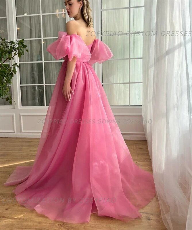 Organza rosa una linea abiti da ballo maniche corte donna Off spalla Sweetheart abiti da sera con fiocco occasione abito da festa formale