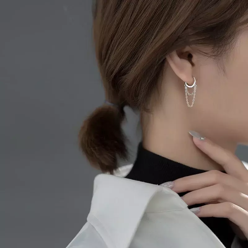 Anting-Anting Hoop Rumbai Dua Lapis Perak Sterling 925 untuk Wanita INS Perhiasan Mode Wanita Gaya Dingin Populer