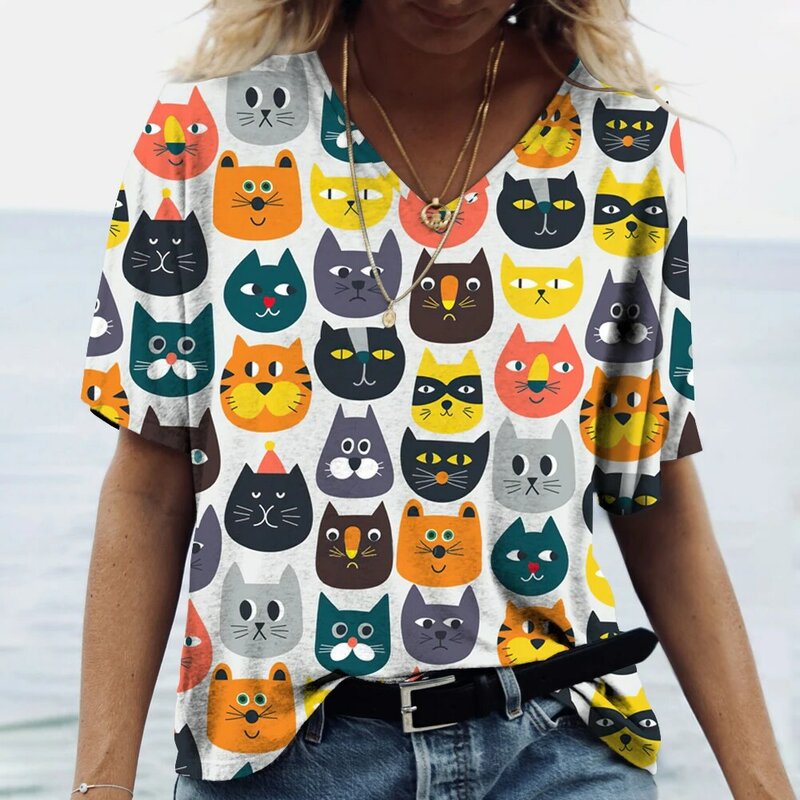 T-shirt imprimé chat dessin animé pour femme, manches courtes, col en V, mode Kawaii, t-shirts décontractés, chaton, vêtements de concepité drôles, été