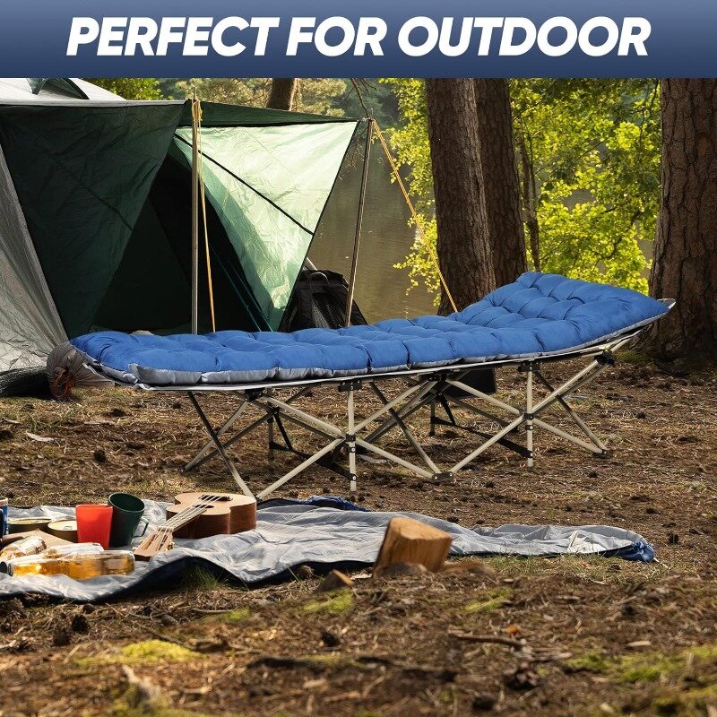 Berço de acampamento portátil com colchão para adultos, Outdoor Folding Heavy Duty Sleeping Bed, Bolso lateral