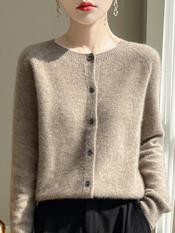 ADDONEE 여성용 O넥 가디건 100% 메리노 울 니트 스웨터, 긴팔 기본 캐주얼 의류, 한국 인기 상의, 새로운 패션