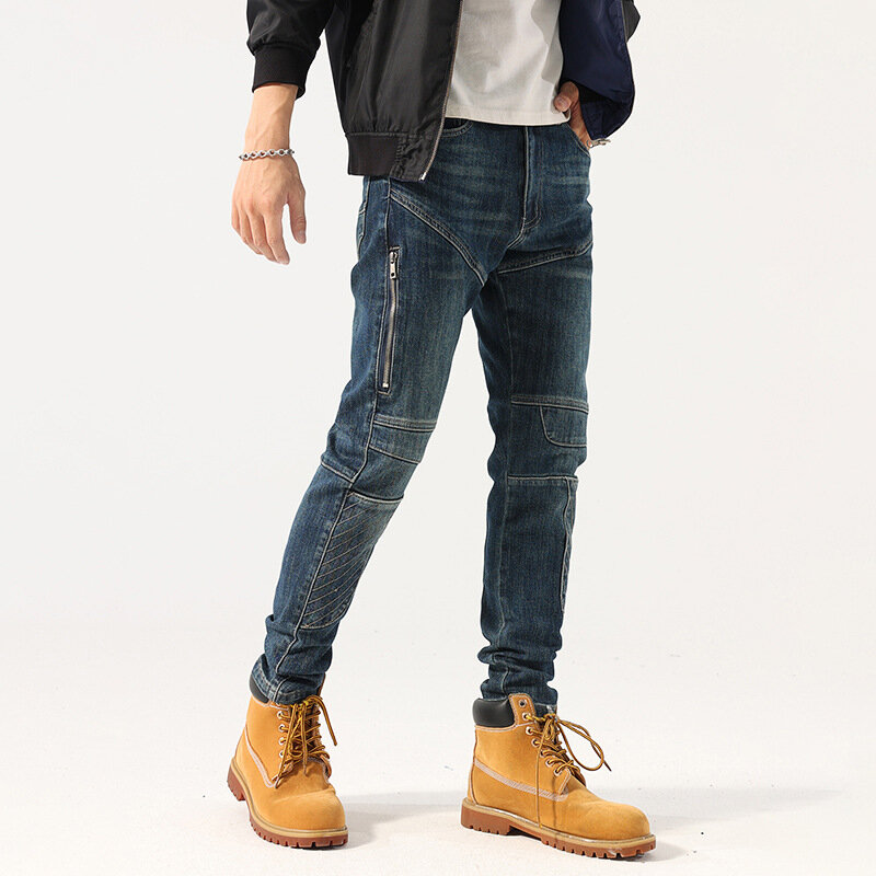 Calças de brim dos homens da moda de streetwear retro azul estiramento fino ajuste emendado designer biker jeans homme hip hop calças