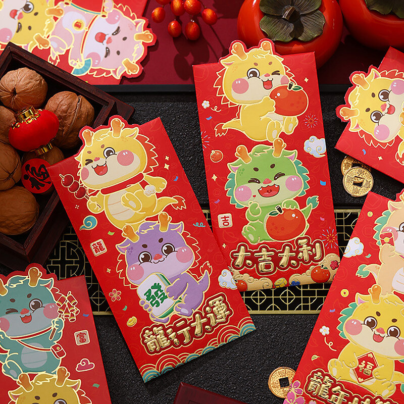 Paket kartu hadiah anak-anak, 6 buah 2024 Tahun naga Cina kartun beruntung merah kreatif Festival Musim Semi amplop uang merah