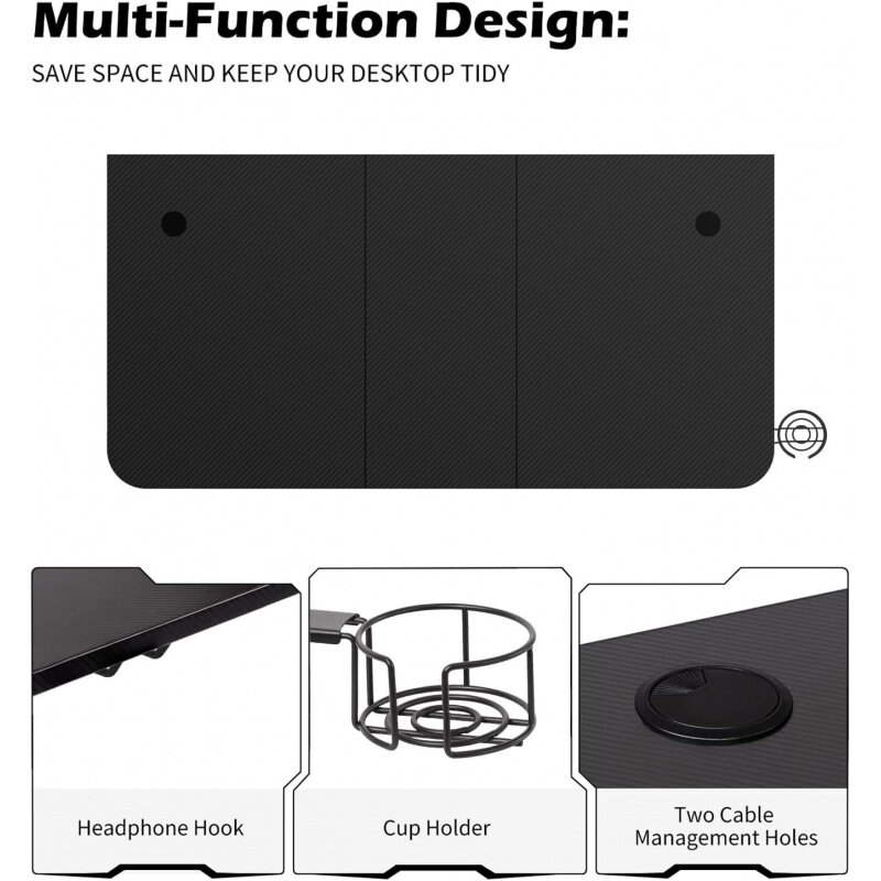 TOPSKY meja game, permukaan besar 63 ''x 31.5'' dengan pemegang cangkir, kait Headphone dan manajemen kabel (hitam)