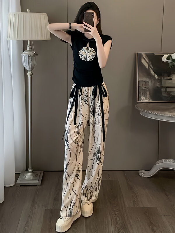 중국 스타일 여성용 반팔 세트, 슬림 탑 + 와이드 레그 팬츠, 2 피스 세트, 여성 의상, 2024 여름