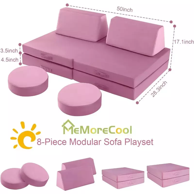 Kids Couch Sofa Modular Toddler Couch For Playroom, 8-Piece Fold Out Baby Couch Play Set, Children Convertible Sofa Foam
