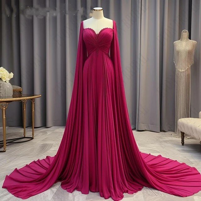 Женское шифоновое платье-трапеция, элегантное красное вечернее платье в арабском стиле с длинными рукавами-накидками, платье для торжественных случаев, 2023