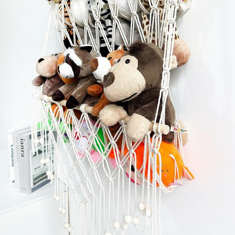 Hamaca de animales de peluche de macramé de doble capa, red de almacenamiento de juguetes, decoración Bohemia, soporte de malla de almacenamiento para habitación de niños