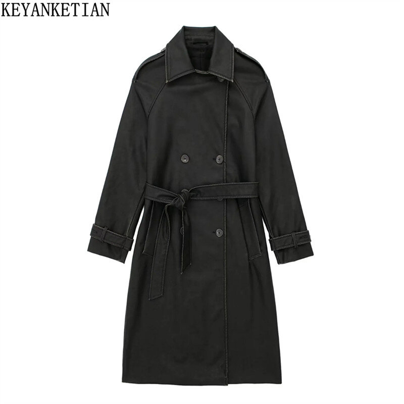KEYANKETIAN Autumn/Winter New Women's Artificial Leather Trench Notched Collar Sashes Decoration Double Breasted Casaco Feminino