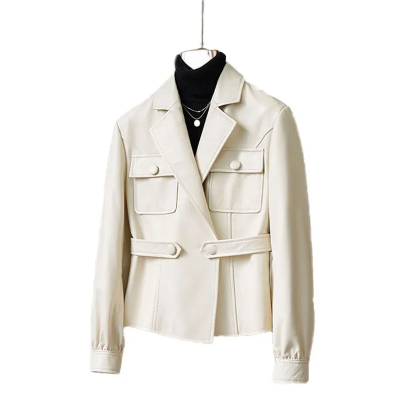 Blazer de couro curto feminino, jaqueta de PU solta, cor pura, preto e branco, casaco feminino, nova moda, primavera e outono, 2024