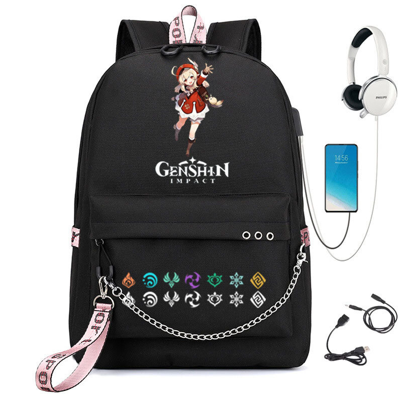 Genshin กระเป๋าเป้สะพายหลัง USB, กระเป๋าเป้สะพายหลังโรงเรียนกระเป๋าแฟนๆกระเป๋าเดินทางแล็ปท็อปโซ่หูฟังพอร์ต