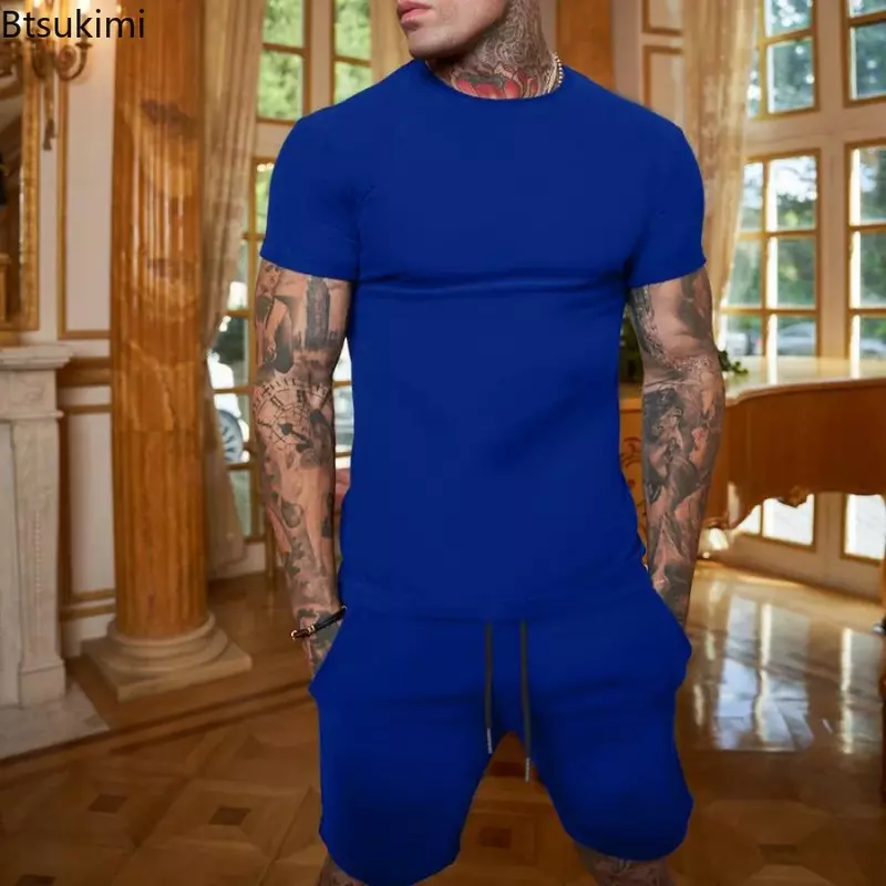 2024 Summer 2PCS Tracksuit for Men Short Sleeve T-Shirt+Shorts 2 Piece Set Sports Suit Men Solid Gyms Fitness Sportswear Sets