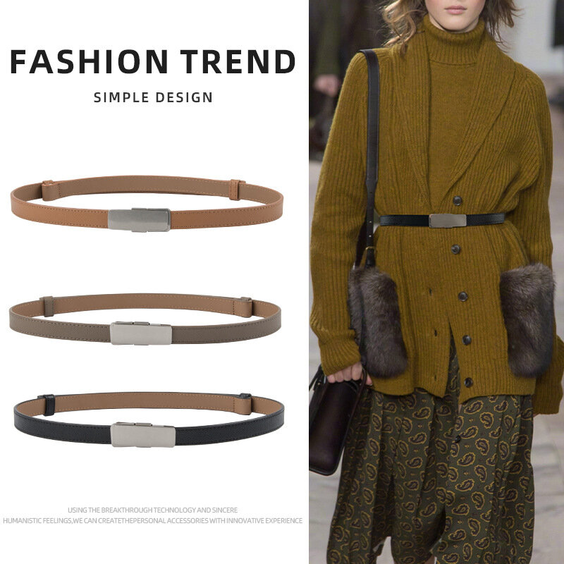 2023 New Fashion Versatile Leather Women's Belt Waist Belt Thin Classic Solid Colour Cowhide Skirt Leisure Thin Belt