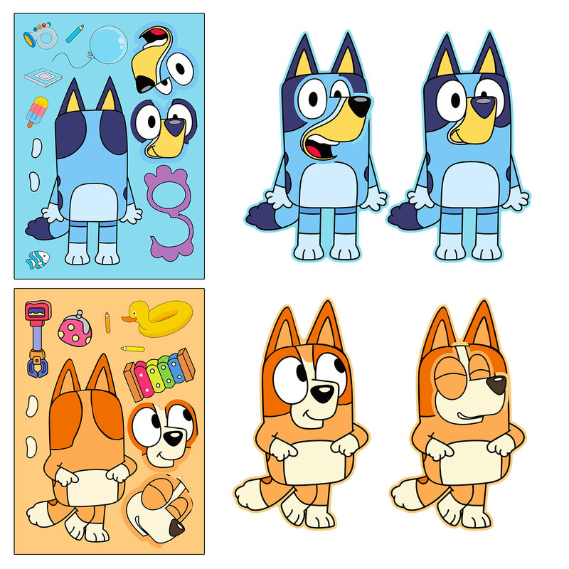 6 Vellen Bluey Sticker Kinderen Puzzel Stickers Make-A-Face Grappig Assembleren Puzzel Diy Cartoon Sticker Kinderen Educatief Speelgoed