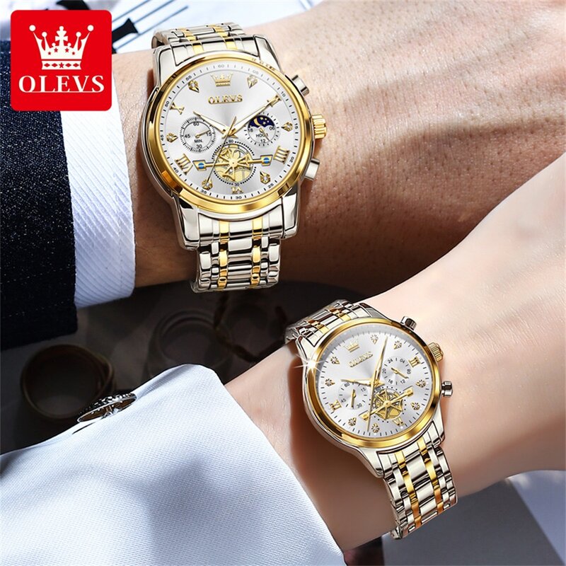 OLEVS jam tangan pasangan kronograf wanita, arloji kuarsa mewah Stainless Steel tahan air bercahaya Fashion