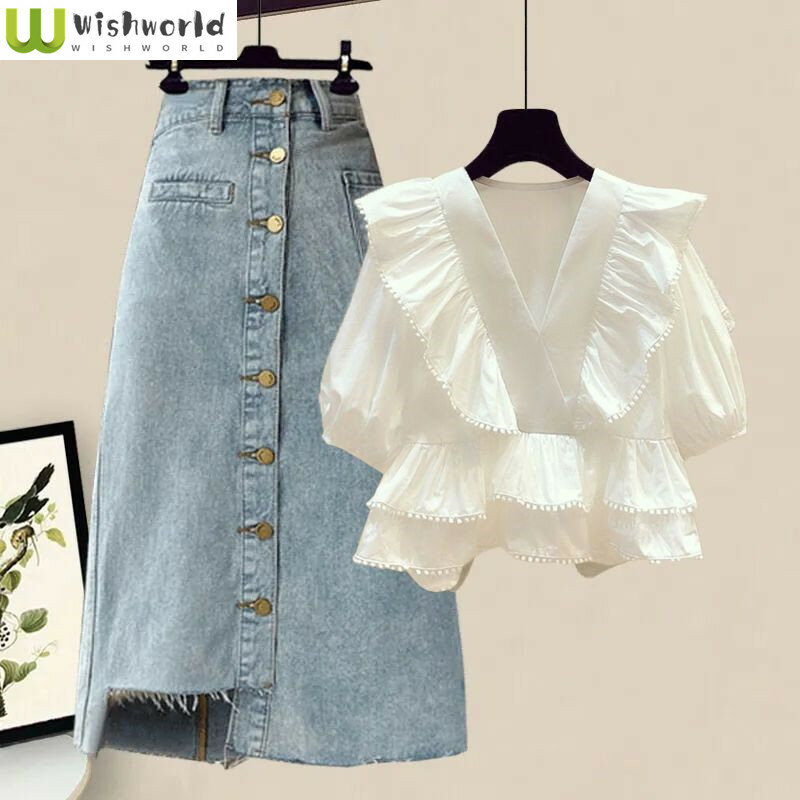 Saia jeans coreana solta com decote em v e cintura alta feminina, moda primavera e verão, elegante conjunto de 2 peças, 2024