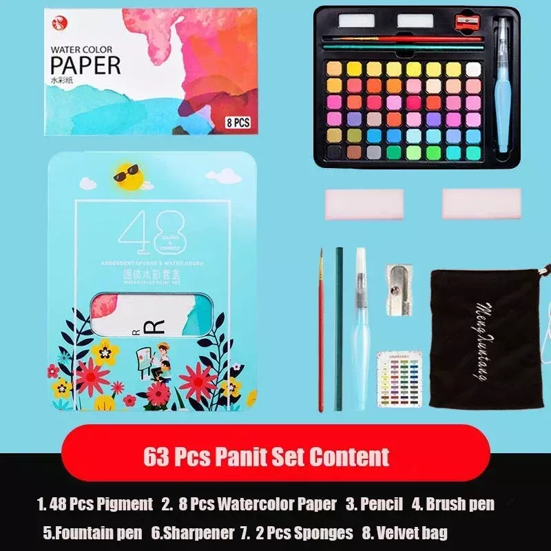 63 Stück profession elle Aquarell farbe Set 48 Farben Malerei Set mit Pinsel Aquarell Papier Pigment Kunst liefert