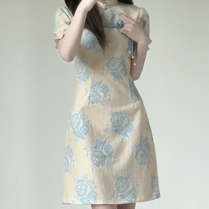 Robe Cheongsam à fleurs pour jeunes, mini robe améliorée, robes formelles de style chinois, été