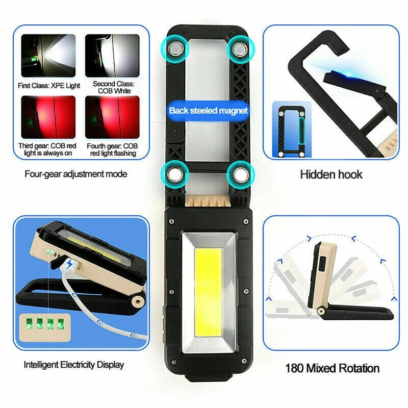 COB 자동 수리 수리 램프, USB 충전 휴대용 비상 조명, 마그네틱 후크, 다기능 손전등, 신제품