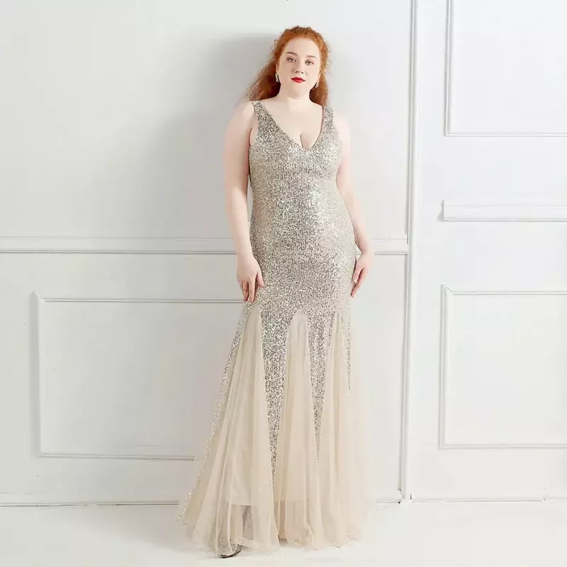 Spaduo gaun pesta ukuran besar wanita gaun panjang leher-v seksi payet gaun Prom malam Formal tanpa lengan